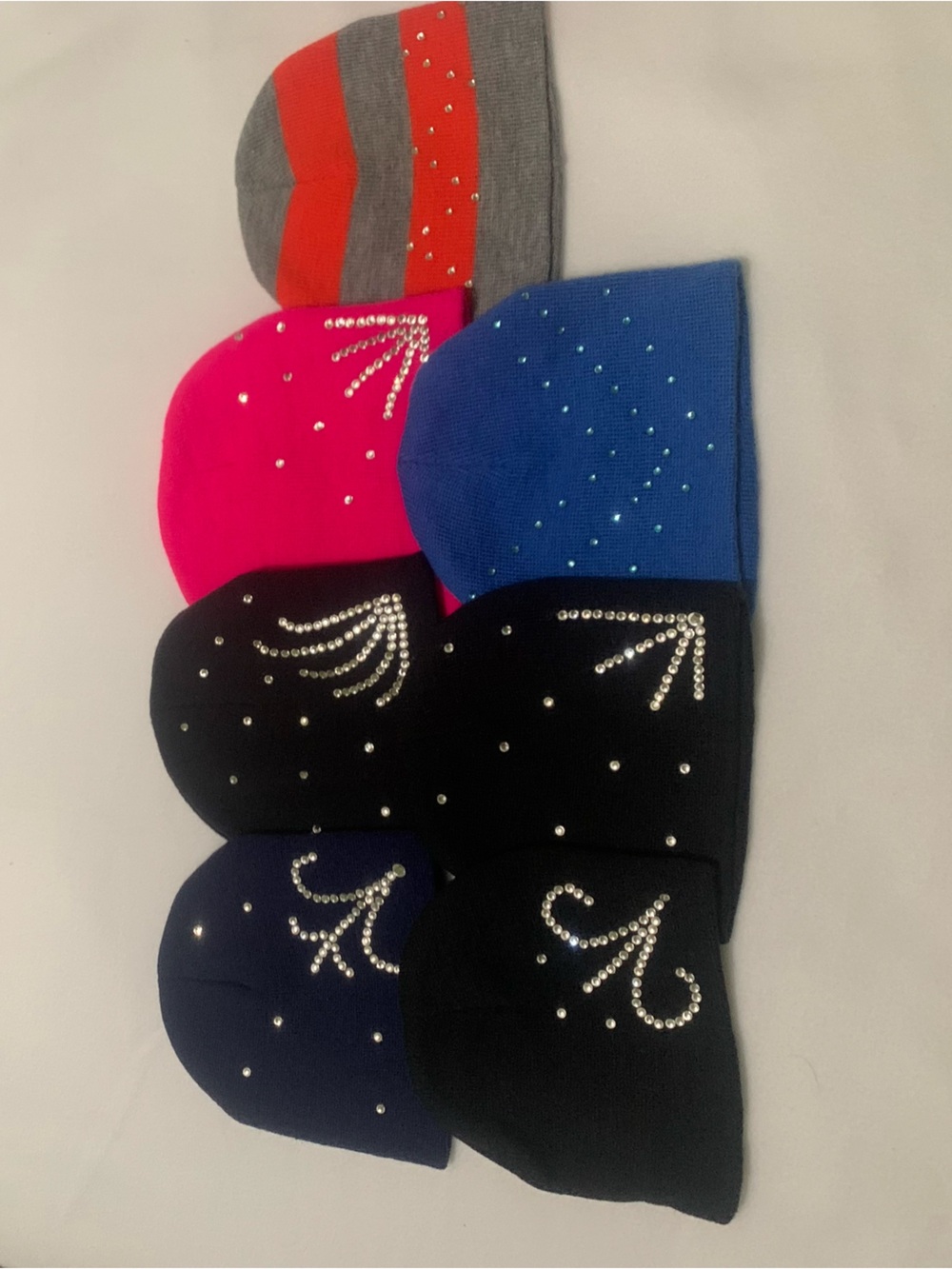 7 Pice Kids  Knit Beanie With Rhinestones - Black, Blue, Hot Pink
